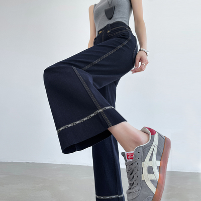 直筒宽松九分丹宁蓝牛仔裤女