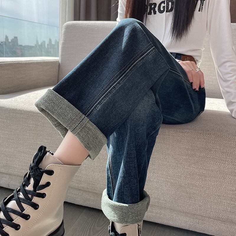 加绒牛仔裤女春秋季复古做旧高腰直筒宽松显瘦薄绒拖地阔腿长裤子,女装/女士精品,牛仔裤,淘宝优惠券,粉丝福利购,淘宝优惠卷