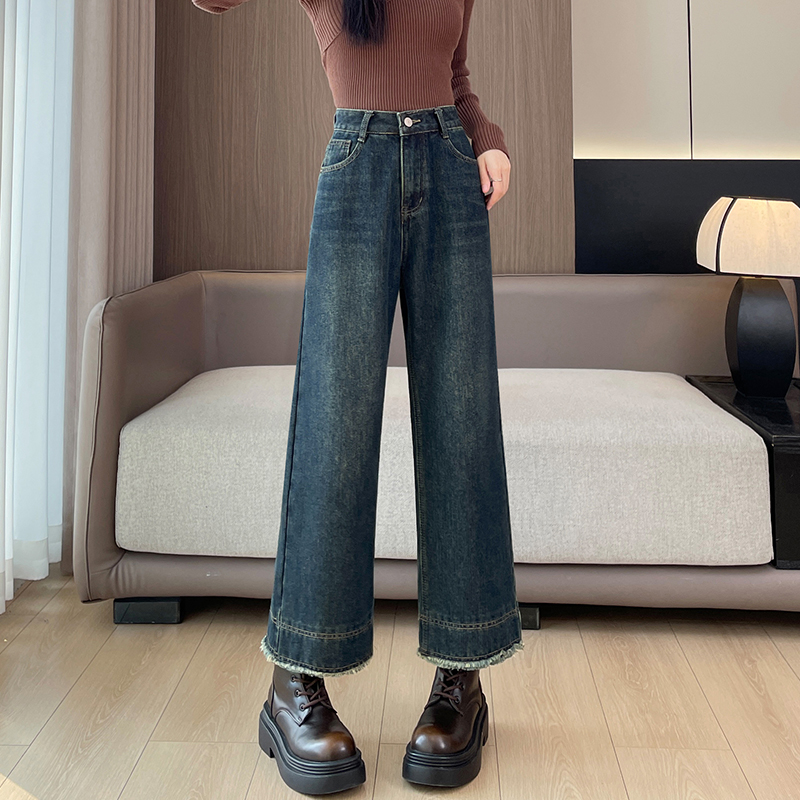 复古加绒加厚毛边阔腿牛仔裤女