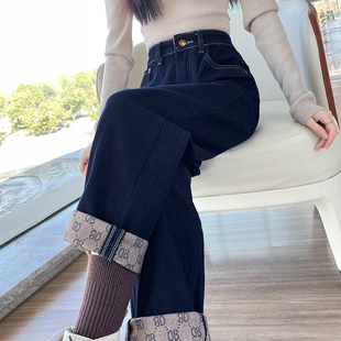 深蓝色牛仔裤 子 女秋冬高腰宽松显瘦加厚抓绒小个子萝卜哈伦老爹裤