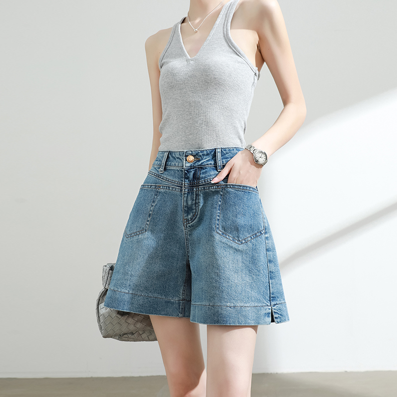 宽松显瘦复古蓝色牛仔短裤女