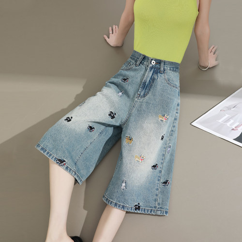 小狗刺绣六分牛仔裤女夏季薄款