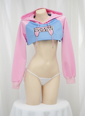 连帽短款卫衣 gameover印花粉蓝撞色帽衫二次元性感私房家居服