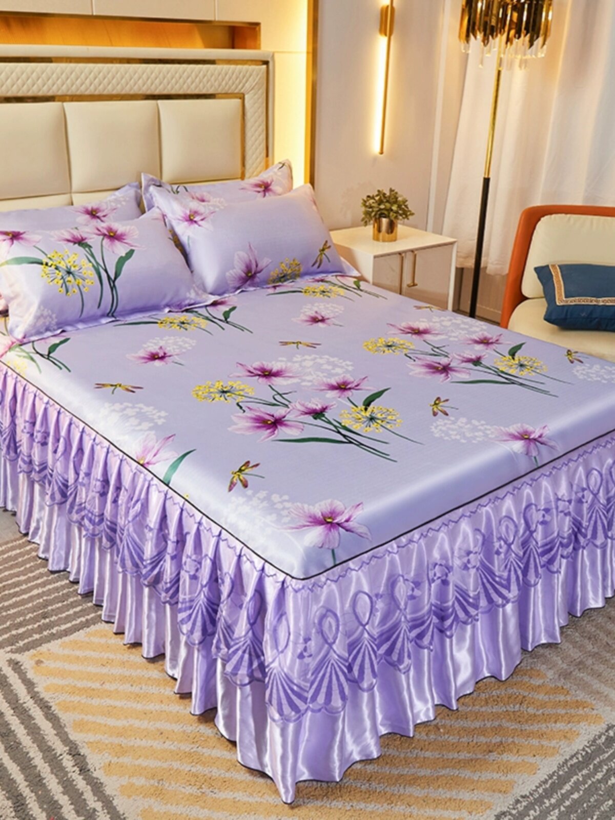 夏季床裙凉席可机洗裸睡款床上空调席床罩式折叠冰丝席三件套柔软