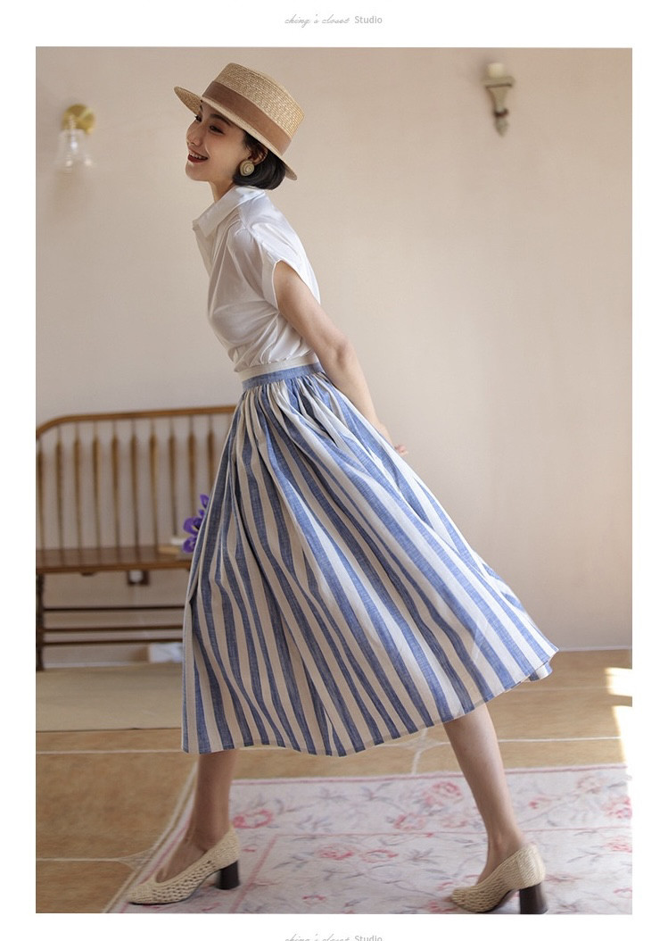 复古短袖衬衫小众收腰百搭夏赫本风气质法式优雅条纹法式半裙优雅