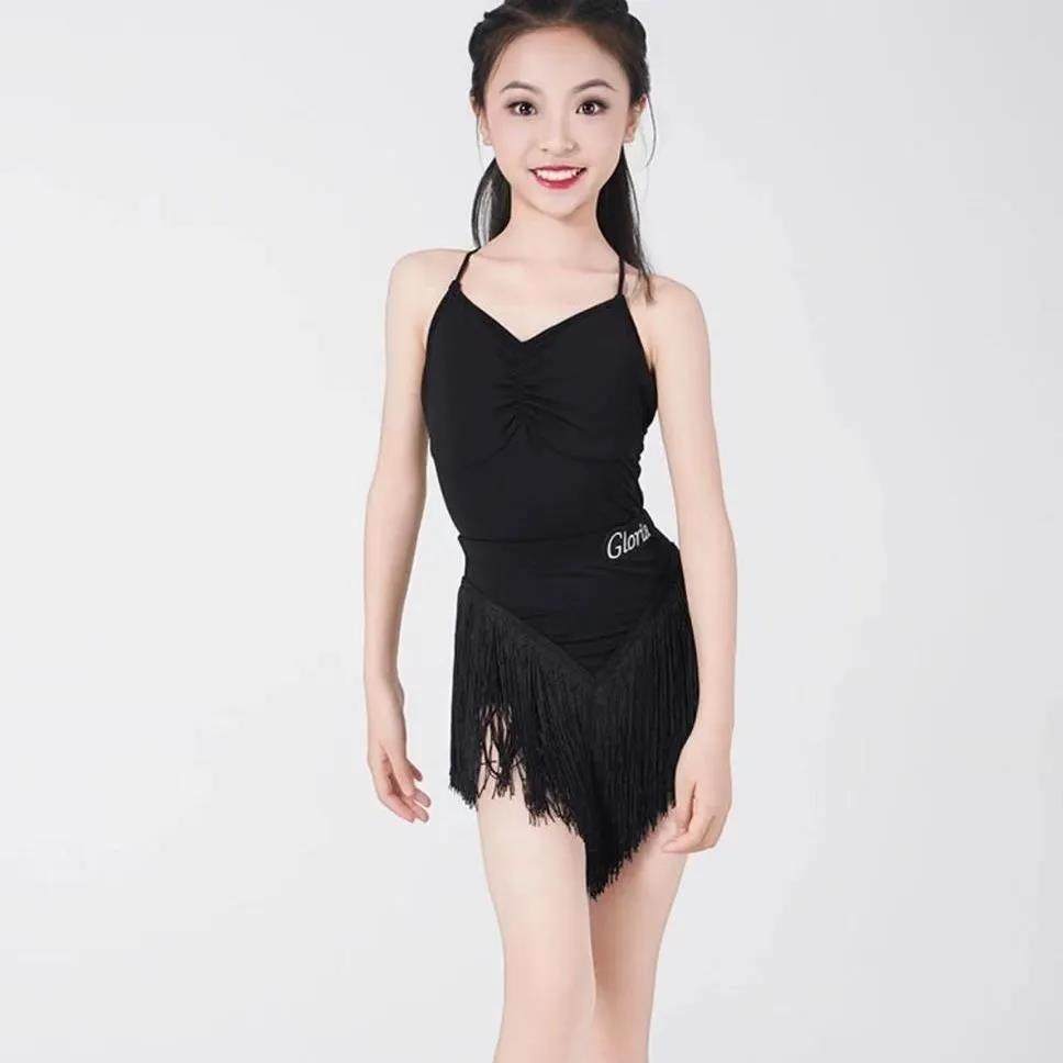 拉丁舞新款儿童拉丁女童舞蹈夏季表演练功分体吊带套装流苏