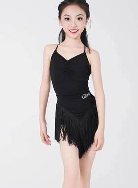 拉丁舞新款儿童拉丁女童舞蹈夏季表演练功分体吊带套装流苏