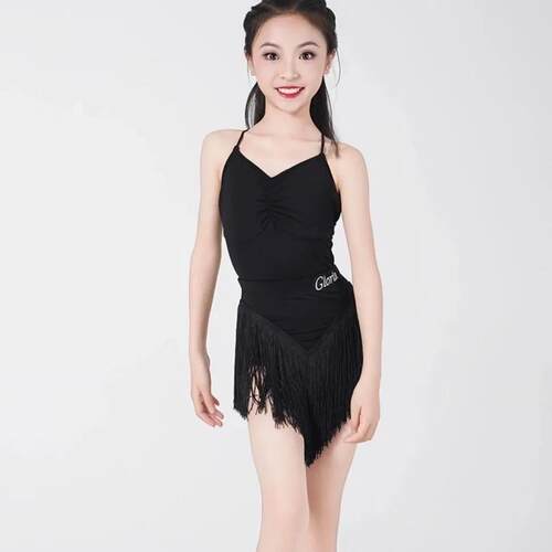 拉丁舞新款儿童拉丁女童舞蹈夏季表演练功分体吊带套装流苏
