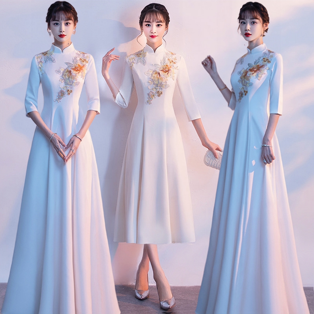 新款大摆礼仪中国风年会合唱演出礼服女中式旗袍伴娘服迎宾颁奖服