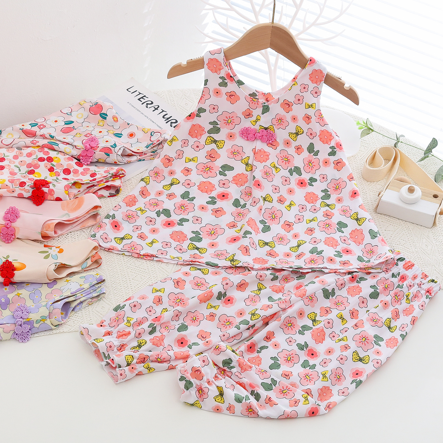 汉服女童棉绸套装夏季背心儿童人造棉新中式夏装女宝七分裤两件套