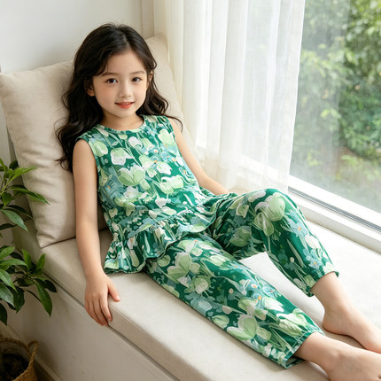 夏季清凉女童棉绸背心套装女孩人造棉家居服宝宝阔腿裤空调服外穿