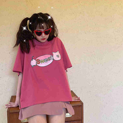 Peach pig rose red short sleeve women's summer new loose print cute student top