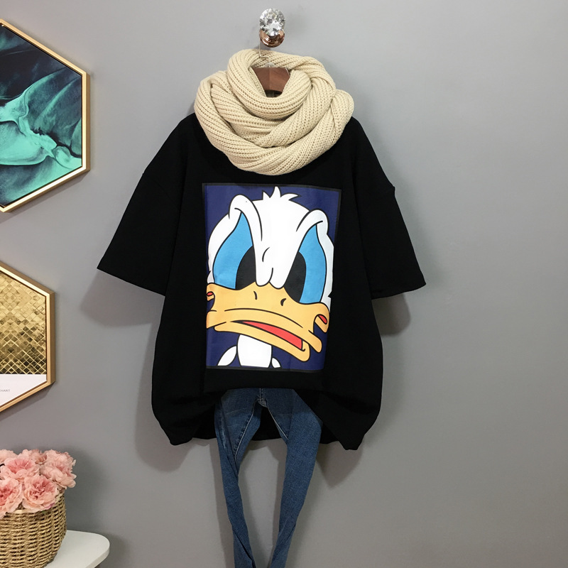 Short sleeve T-shirt women's new Korean summer cartoon printing loose and versatile leisure medium and long T-shirt women's fashion