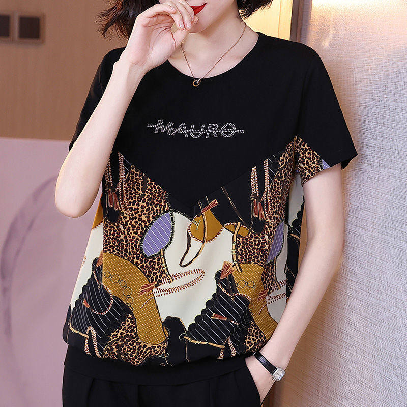 Summer new short sleeve women's versatile loose size mother's top Korean printed round neck