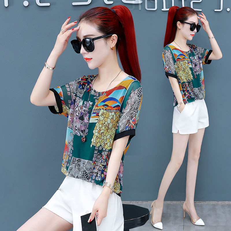 Mother's top women's summer new middle-aged and old size short sleeve floral clothes show thin foreign style bottom coat