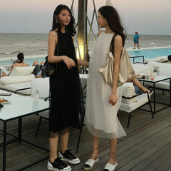 Spring new style temperament hanging neck sling dress medium length off shoulder gauze skirt women's dress