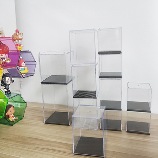 10x10x16手辦收納盒透明泡娃公仔模型防塵罩可堆疊插卡盲盒展示盒