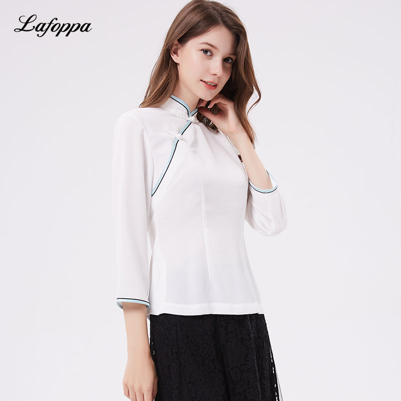 LAFOPPA珑白品牌女装中国风复古盘扣衬衫设计感上衣气质立领衬衣-封面