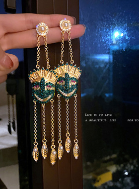 绿色镶钻印第安人耳环女欧美民族风长款流苏耳坠大气圆脸显瘦耳饰
