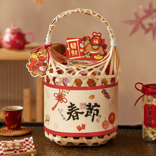 创意马年新年礼盒包装盒烘焙手提糖果饼干年货竹篮伴手礼品盒空