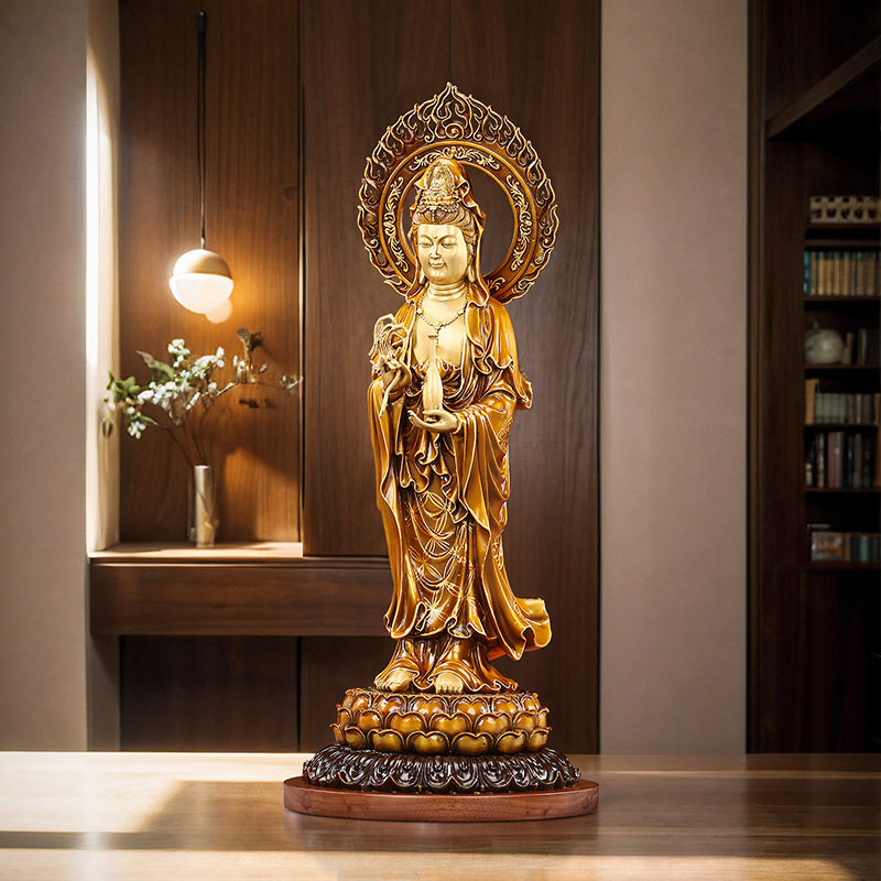 彩绘铜观音菩萨佛像摆件净瓶观音立像工艺品家居室内佛堂摆设