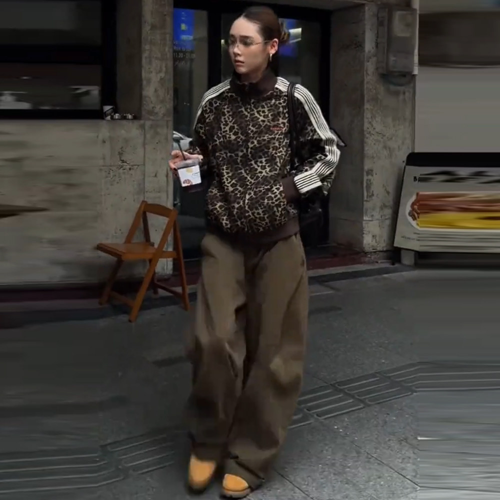 秋季新款豹纹拼接阔腿裤套装女