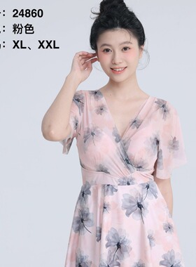 金水鲮鱼成人泳衣女2024新款连体裙式保守遮肚显瘦游泳衣24860