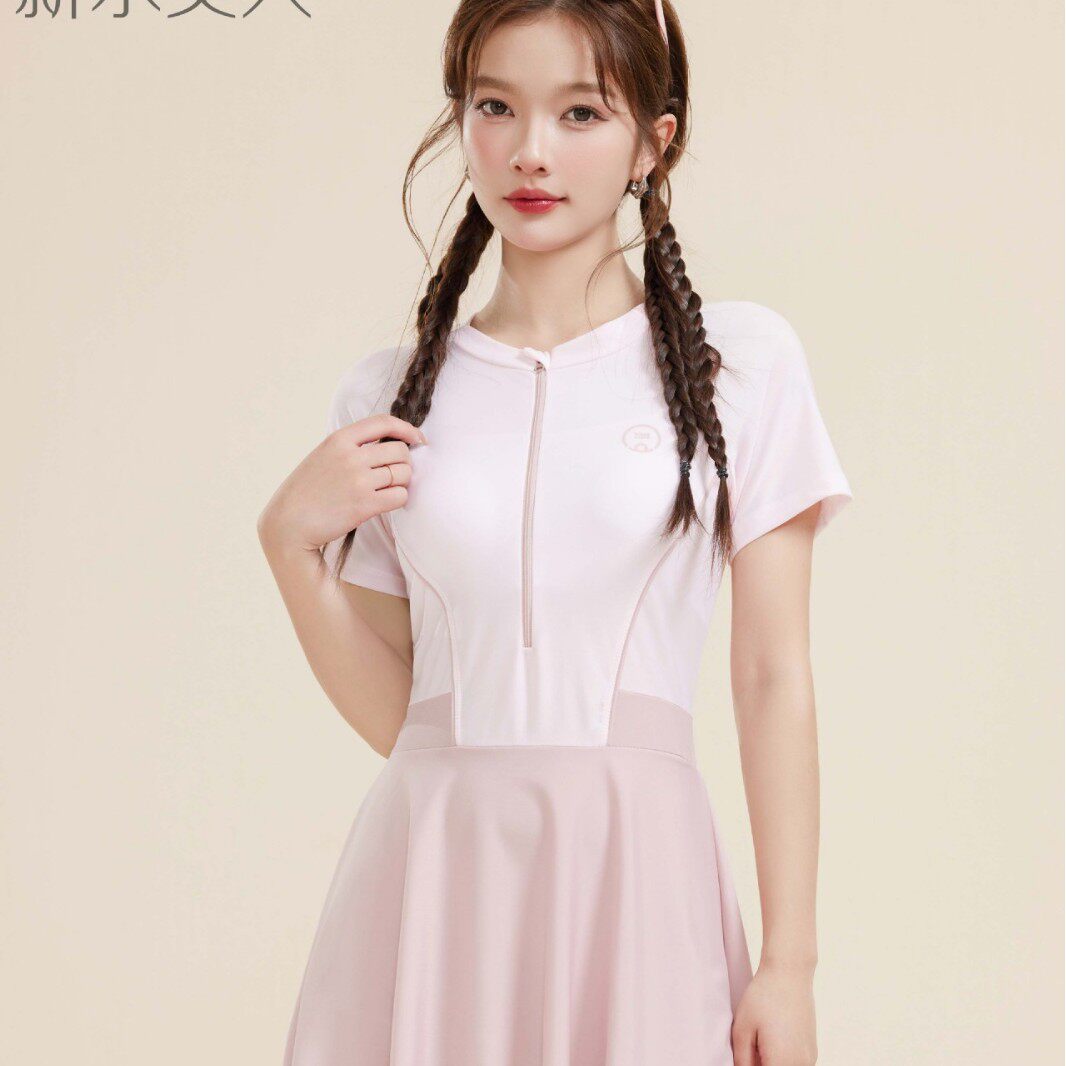 新水美人2617成人泳衣女新款运动风少女连体平角保守显瘦遮肚裙式