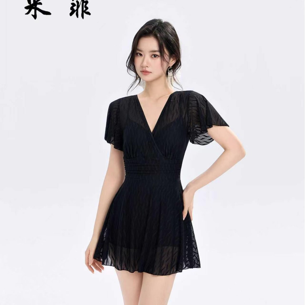 采菲26124新款人泳衣女连体裙式遮肉显瘦大码游泳衣夏季度假保守