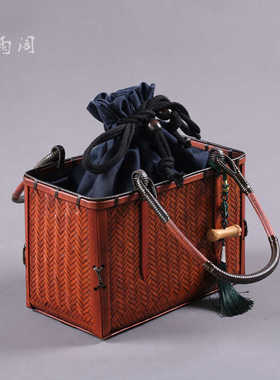 中国风茶具收纳框手工编织竹篮包竹节手提箱复古风拎包气质女包包