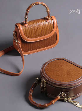 手工竹编包文艺复古拎包女士小皮包手提包单肩牛皮百搭小众斜挎包