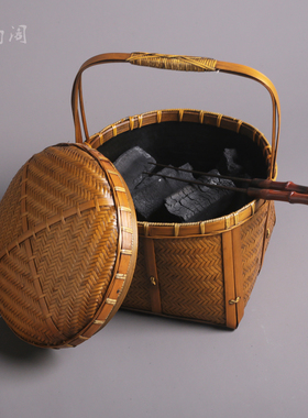 竹编木炭收纳筐便携手提带盖不掉渣碳篓煮茶配件复古碳斗茶具提篮