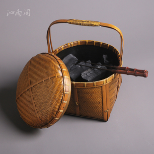 竹编木炭收纳筐便携手提带盖不掉渣碳篓煮茶配件复古碳斗茶具提篮