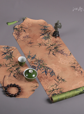 宋画竹林双面防水茶席国风禅意桌旗免洗耐脏隔热杯托垫高端主人席