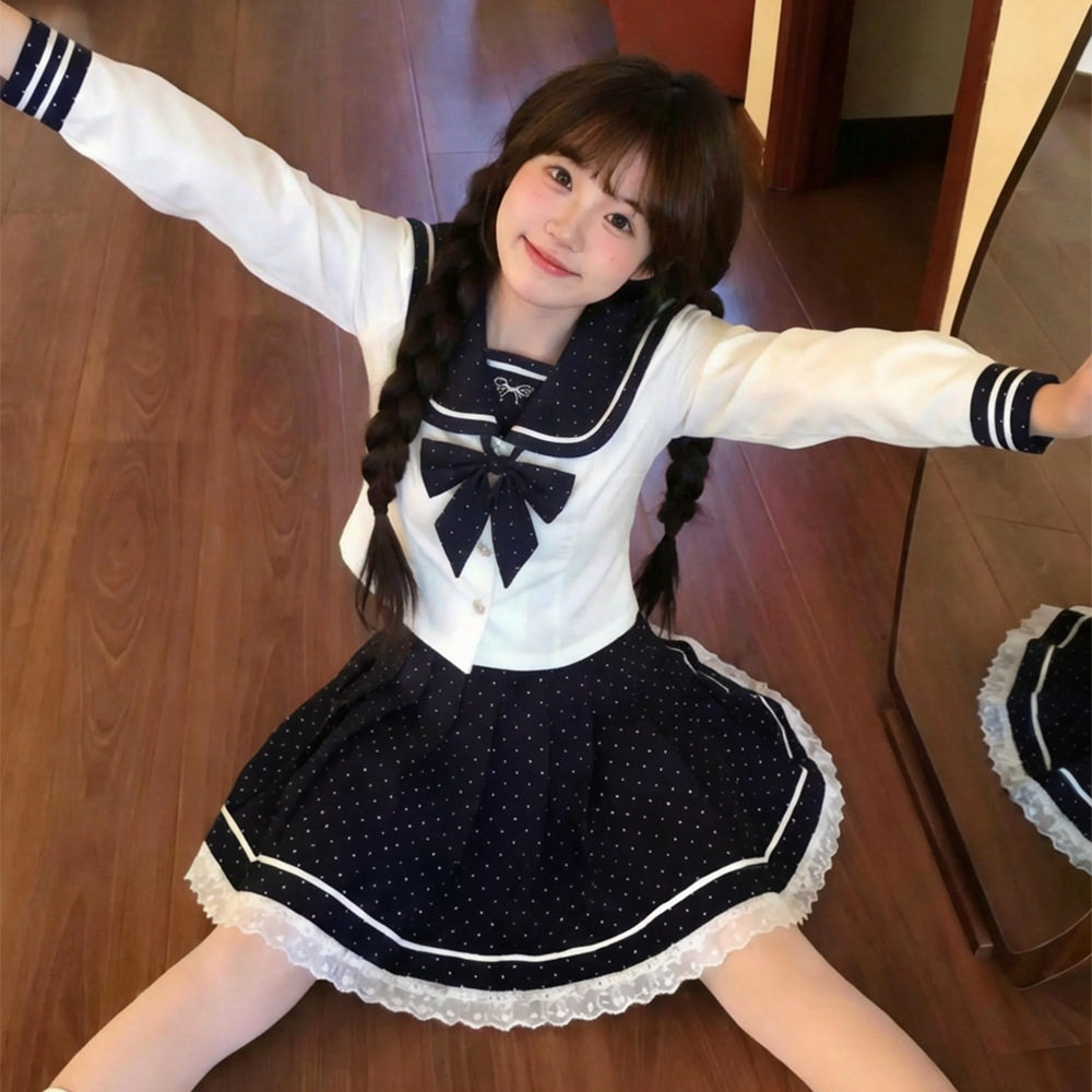 软妹波点水手服 JK 套装 学院风长袖百褶裙 可爱少女海军领制服
