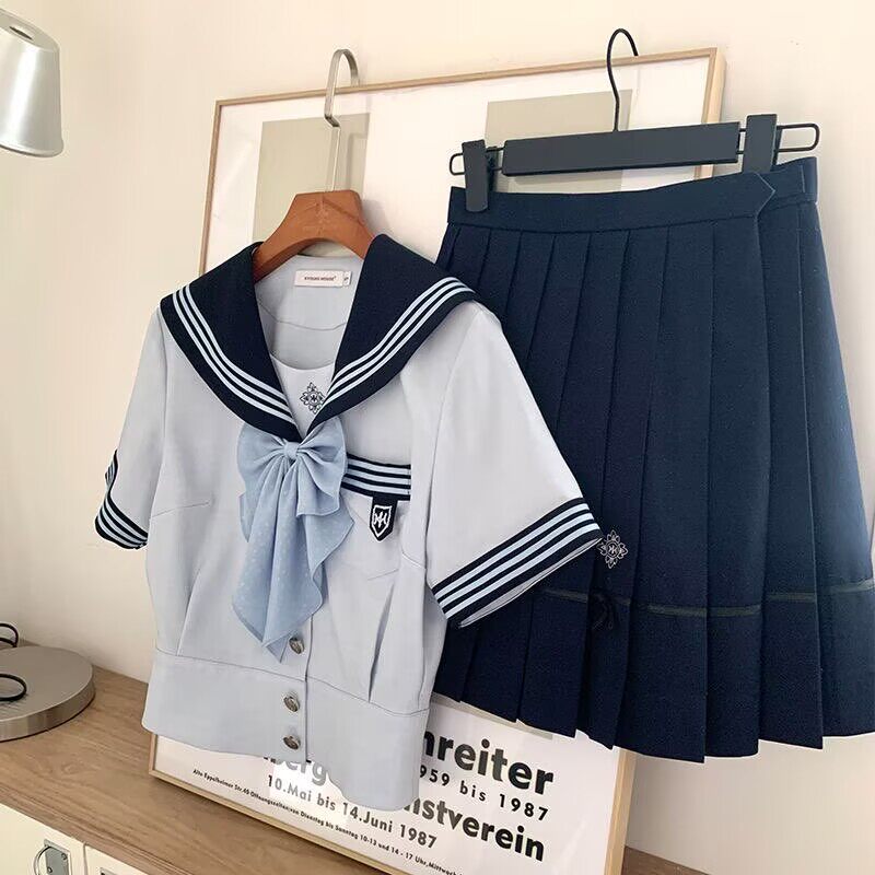 抚蝶女子晴空蓝夏水手服JK制服裙长短袖套装女学生学院风两件套