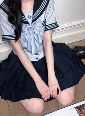 抚蝶女子晴空蓝夏水手服JK制服裙长短袖收腰套装女学生学院风