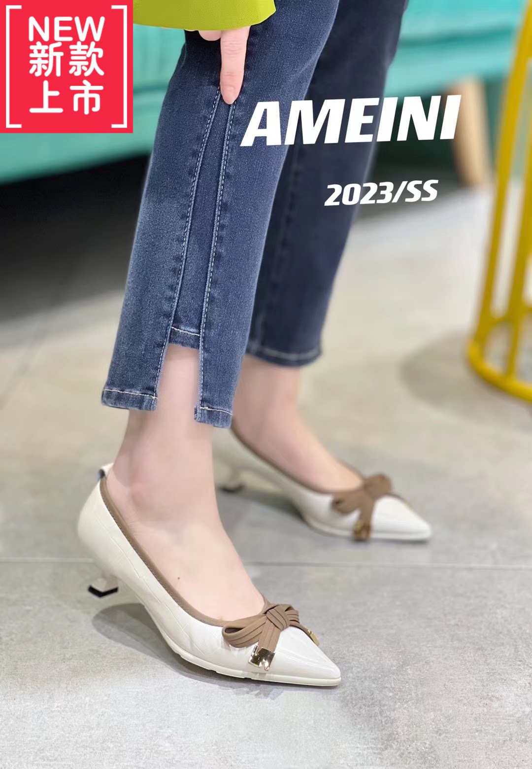 2023新款正品阿美妮尖头浅口蝴蝶结中跟细跟单鞋女鞋韩版