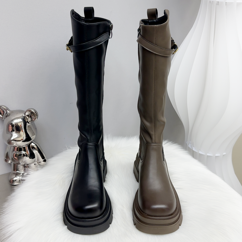胖妹妹显高加绒厚底英伦风骑士靴