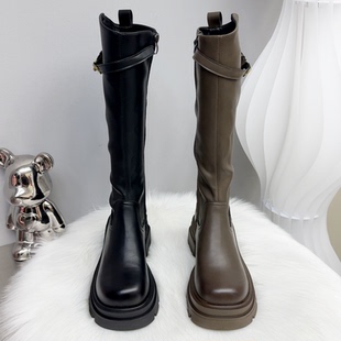 胖妹妹加肥加宽厚底高筒骑士靴英伦风侧拉链加绒保暖长筒靴小个子