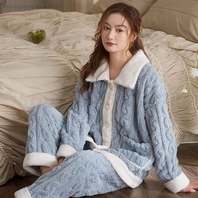Autumn Winter Pajamas Set Women Warm Flannel Sleepwear Long
