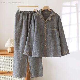 Men's Cotton Sleepwear Pijama Mujer Vintage Jacquard Long Sl