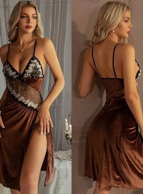 Female Spaghetti Strap Nightgown Sexy Patchwork Lace Velvet