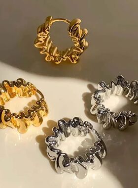 Vintage Metal Irregular Wavy Pleated Hoop Earrings For Women