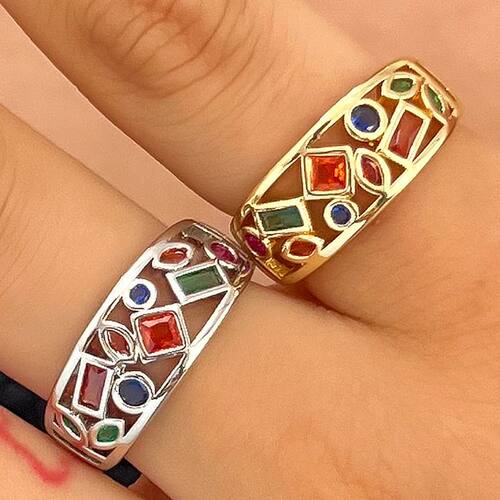 Retro Colorful Zircon Ring Women Hollow Geometric Stackable