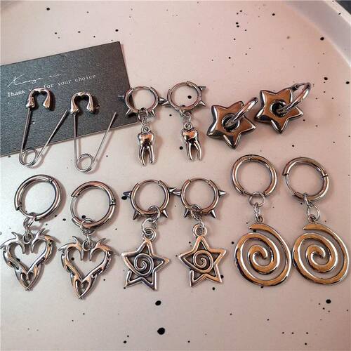 Y2K Punk Safety Pin Tooth Star Heart Spiral Charm Hoop Earri