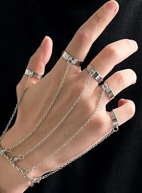 Punk Geometric Silver Color ring with chain For Teens Charm