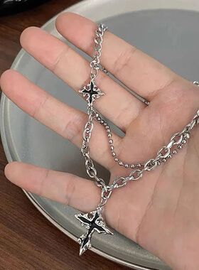 Set Style Heavy Metal Cross Necklace, Punk Double Layer Long