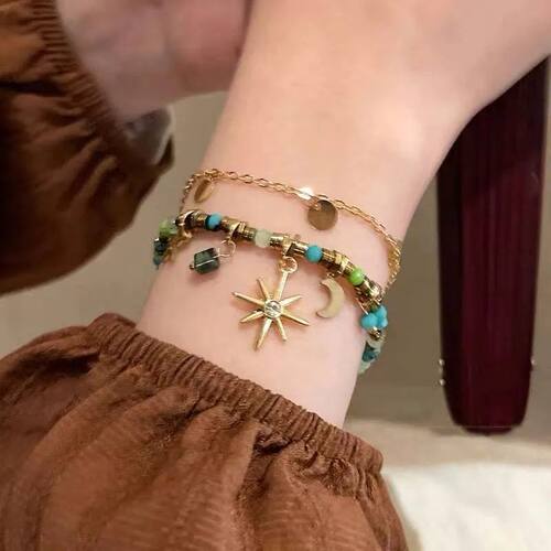 Vintage Beaded Double Layered Star Moon Pendan Bracelet for