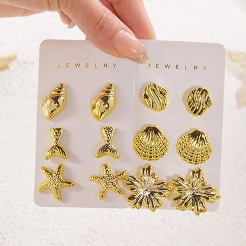 6pcs Gold Color Starfish Shell Stud Earrings Set for Women O